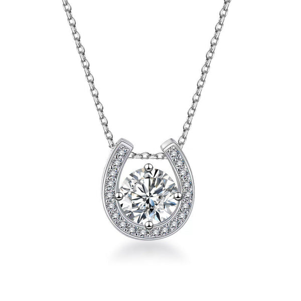 Luck and Luxury: 1 Carat Solitaire Drop Moissanite Horseshoe Pendant with Chain in Platinum Overlay Sterling Silver, GRA Certified
